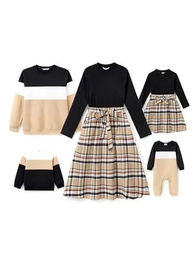 Family matching outfit women's color block sweatshirt dress