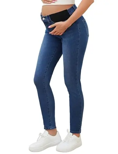 AMPOSH Mid-Rise Maternity Skinny Jeans in dark blue, featuring an adjustable side wedge waistband.