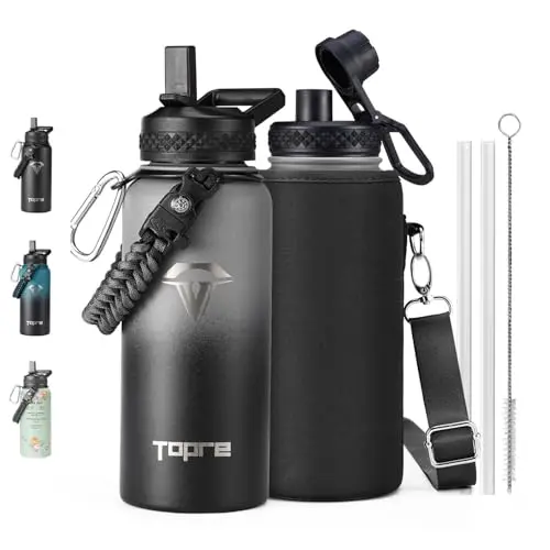 Topre 32oz Insulated Water Bottle with paracord handle and dual lids
