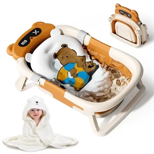 Kerbwry brown bear-shaped collapsible baby bathtub with a soft towel and a floating cushion included.