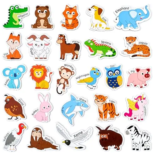 JoyCat Wooden Animal Magnets with A-Z letters on fridge