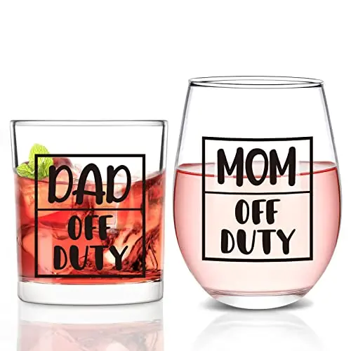 Futtumy Mom Off Duty wine glass and Dad Off Duty whiskey glass set