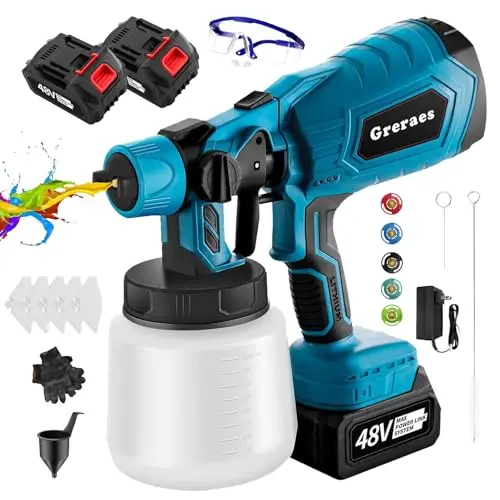 Greraes blue cordless paint sprayer with two batteries and a 1000ml container.