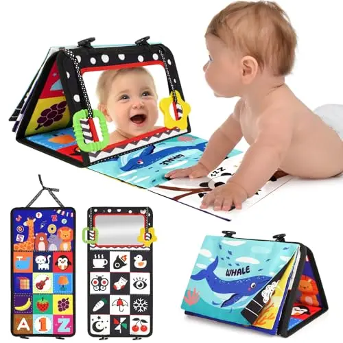 URMYWO foldable tummy time toy with black and white crinkle pages and a flexible safety mirror