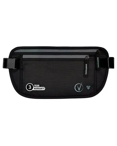 Vantamo thin, black hidden money belt designed to be worn under clothing.