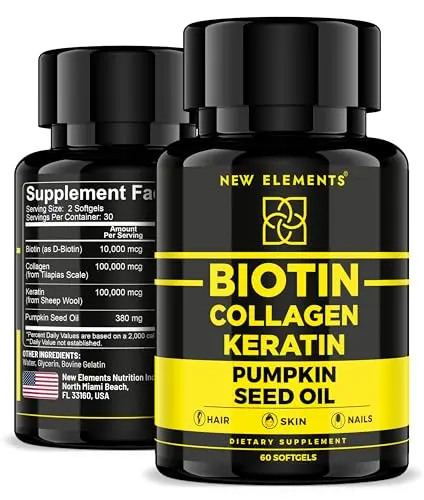 New Elements Biotin Supplement with Collagen Peptides and Pumpkin Seed Oil