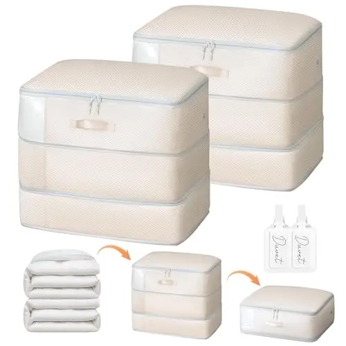Beige Easortm compression storage bag with a clear window, shown in a closet