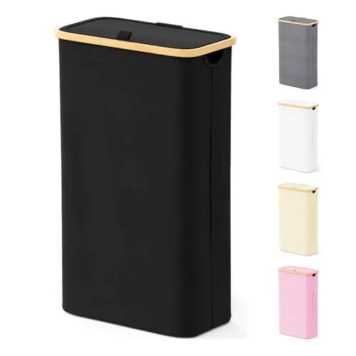 SpaceAid black laundry hamper with a lid and bamboo handles.