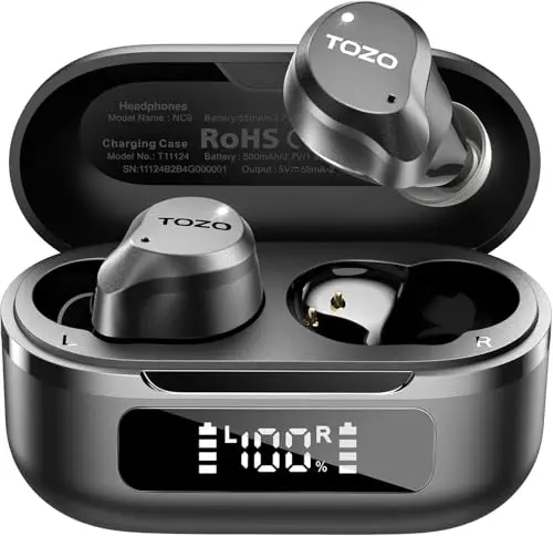 TOZO NC9 hybrid active noise cancelling wireless earbuds in dark black