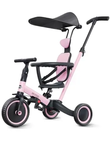 NEWYOO pink toddler tricycle with push handle, canopy, and adjustable seat