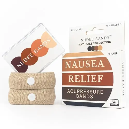 Nudee Bands anti-nausea wristbands, shown in a skin-tone color, appearing thin and stretchy on a wrist.