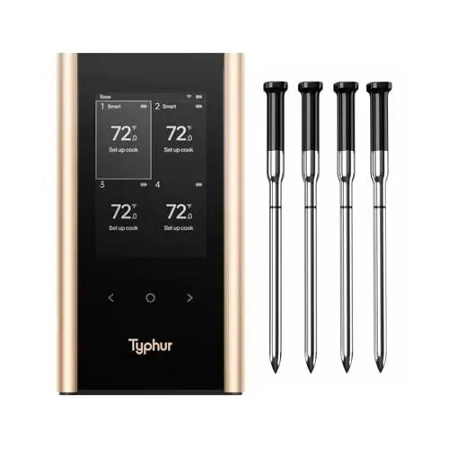 Typhur Sync Gold wireless meat thermometer with four slim probes and a gold-colored smart base