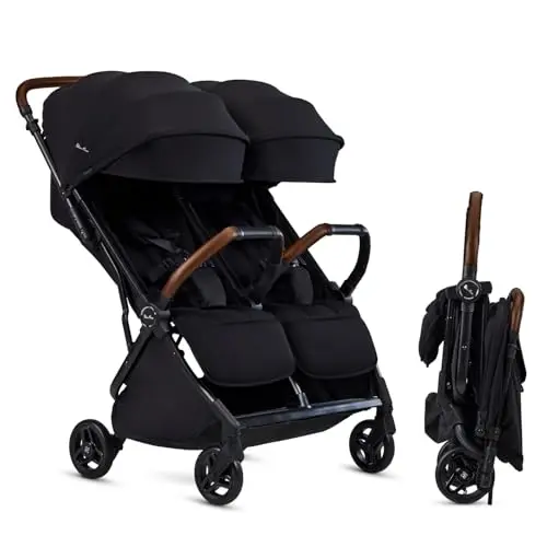 Silver Cross Jet Double sleek black side-by-side stroller with premium fabrics