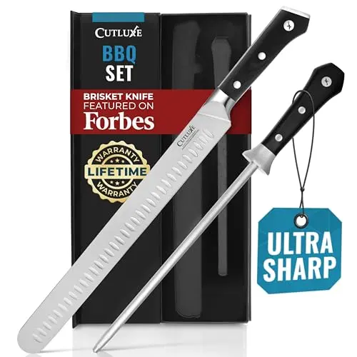 Cutluxe BBQ Knife Carving Set with 12-inch brisket knife and 10-inch honing rod