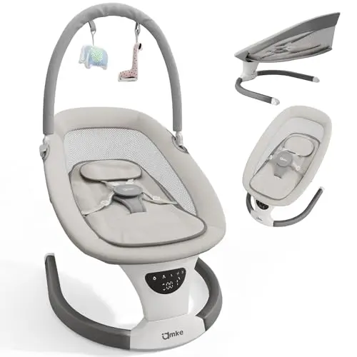 AMKE baby swing with a grey mesh seat, HD touchscreen, and remote control.
