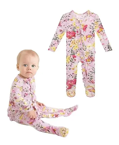 Posh Peanut baby girl footie pajamas with ruffle trim in ultra-soft viscose from bamboo