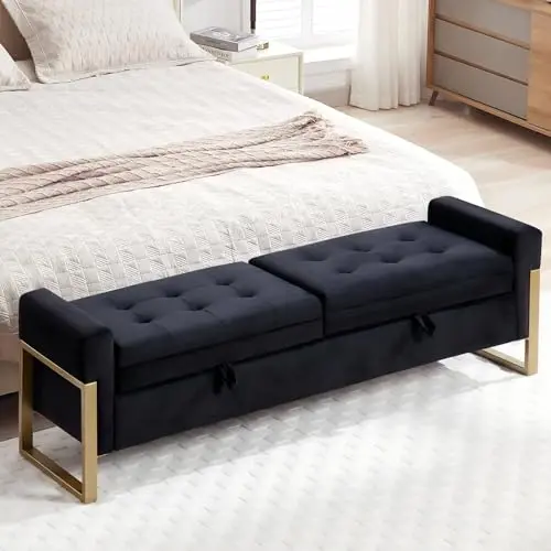 AEMEIOS 67-inch velvet storage bench with two lids and gold metal legs