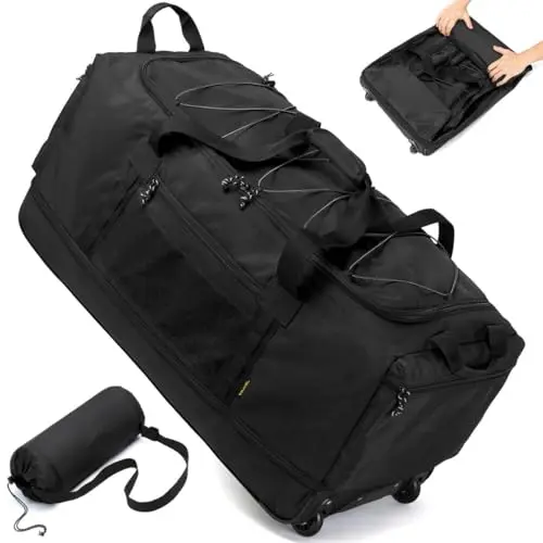 Laripwit Black Collapsible Military Duffle Bag with wheels and expansion zipper