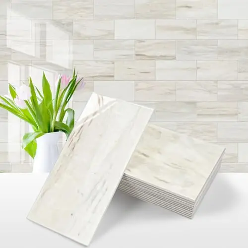 Wooden marble grain peel and stick subway tiles with white grout lines
