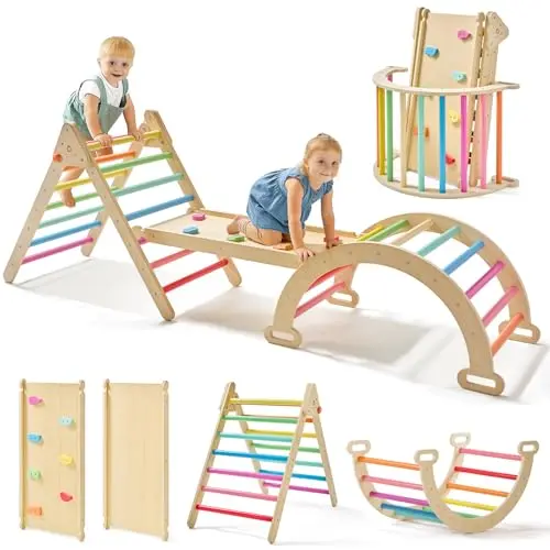 Tiny Land rainbow Pikler triangle climbing set with slide and arch