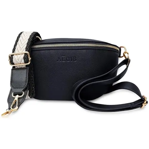 Black AEGIS vegan leather sling bag with two different style straps