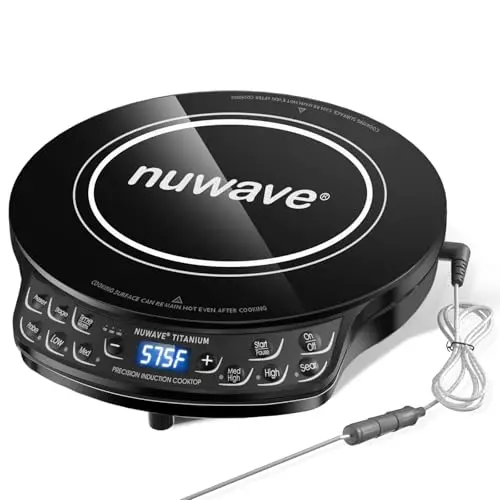 Nuwave induction cooktop with digital probe on black ceramic surface