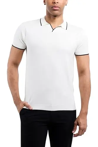 X RAY men's short sleeve polo sweater in off white, knit fabric with tipped Johnny collar