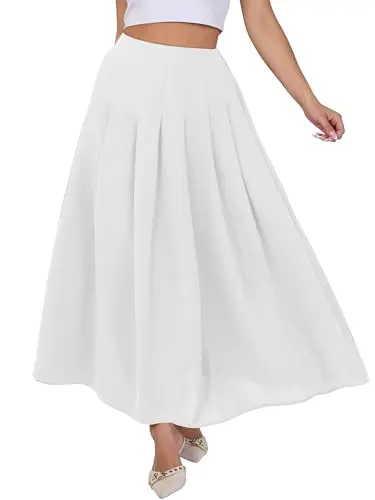 ANRABESS Women's Pleated Maxi Skirt in White with A-line cut and high waist