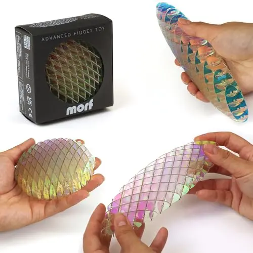 Iridescent purple Morf Fidget Worm toy being stretched and bent between two hands