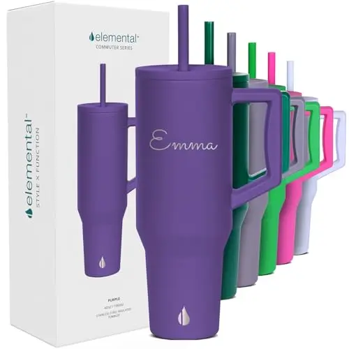 Elemental personalized 40 oz tumbler with handle and straws in purple, customizable for hydration