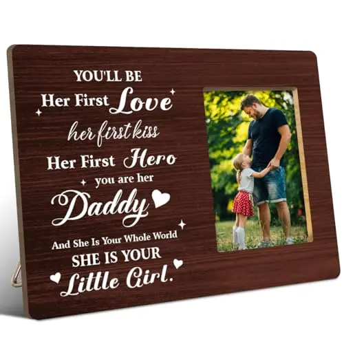 JANLAN wooden picture frame with 'You'll Be Her First Love...' text, holding a 4x6 photo