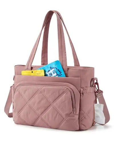 BAGSMART quilted puffy tote bag in dusky pink with multiple pockets