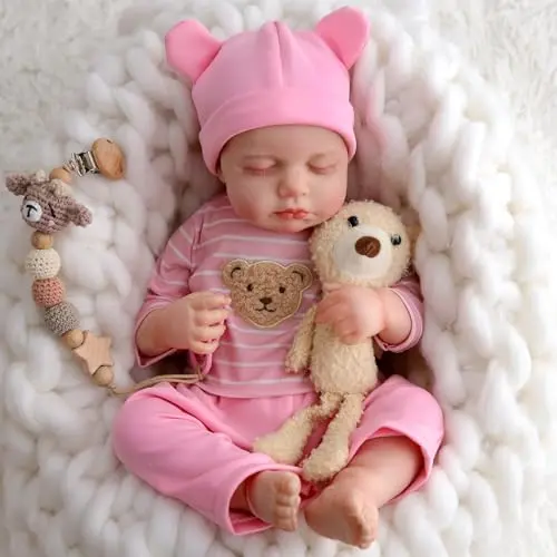SPICIMOMO 18-inch reborn baby doll with sleeping expression, weighted body, and bear-themed outfit