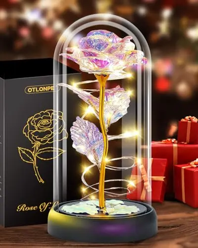 Otlonpe colorful plastic rose under a glass dome with a base and LED light inside