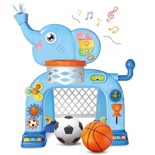 Blue elephant-shaped toddler toy with basketball hoop and soccer goal