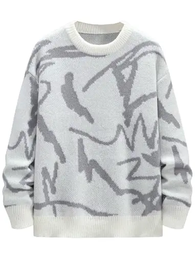 ZAFUL Men's Oversized Sweater in white-grey color block with Y2K graphic design.