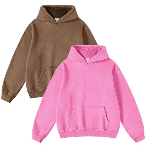 Faiable 2-pack acid wash hoodies in light pink and brown, showing matching distressed styles