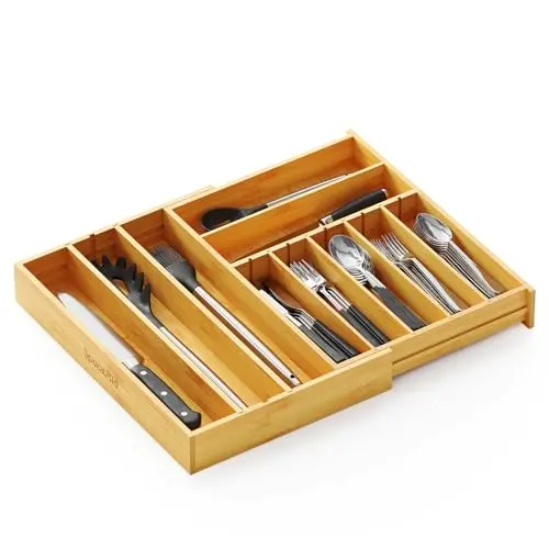 SpaceAid tall bamboo silverware drawer organizer with expandable width