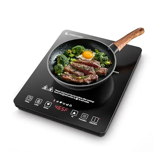 AMZCHEF single induction cooktop with a black ceramic glass surface and touch controls.