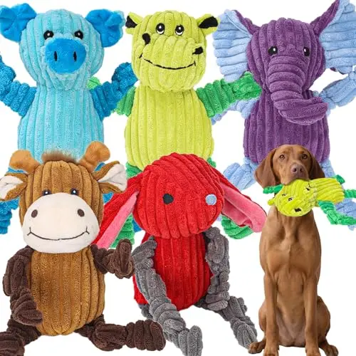 Luudoogs 5 pack large plush squeaky dog toys in animal shapes