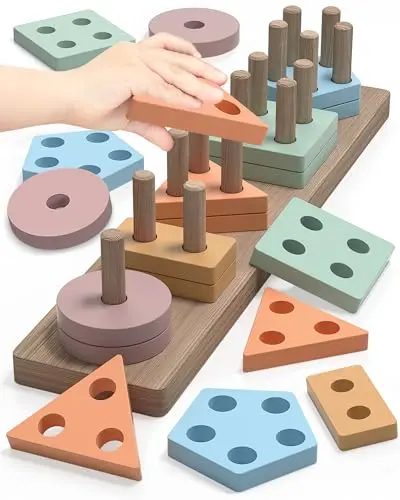 kecristv Montessori wooden shape sorter and stacking toy for 1 year olds