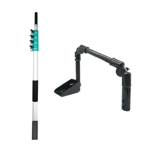MEEGOON metal gutter cleaning tool with an adjustable-angle head on a long aluminum extension pole.