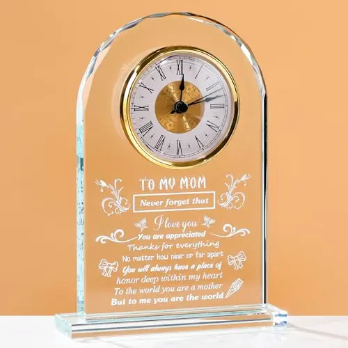 Arikyrist clear crystal clock with laser-engraved 'Mom' design and roman numerals