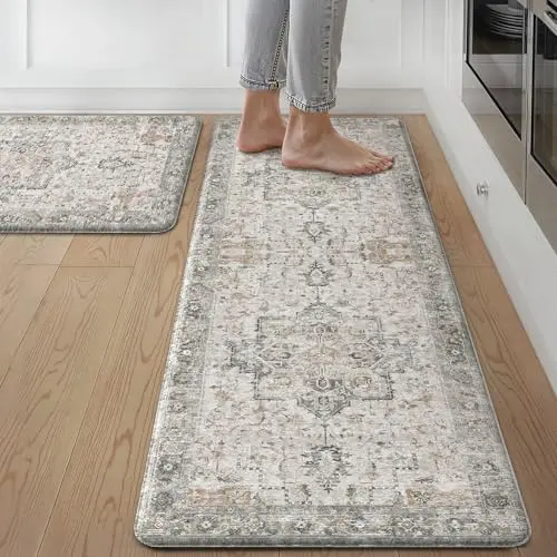 Light taupe brown checkered pattern anti-fatigue kitchen mat set
