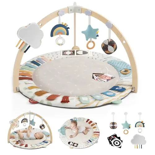 Montessori-inspired baby gym with wooden frame and five developmental zone toys