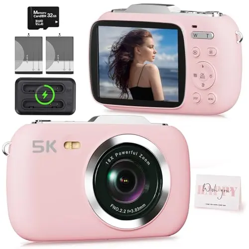 Black Duluvulu 4K digital camera with its 3-inch flip screen opened out