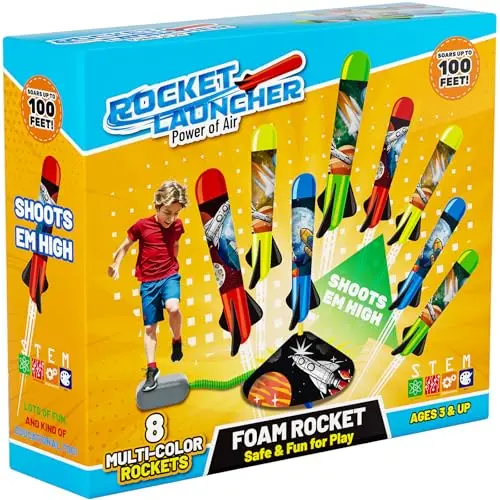 Otoseth foam rocket launcher with multi-color rockets and launch pad for kids