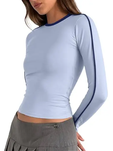 REORIA long sleeve crop top in sky blue with stripes