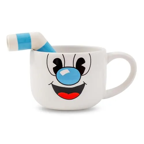 Toynk Cuphead Mugman ceramic coffee mug with blue and white striped straw, holding 20 ounces