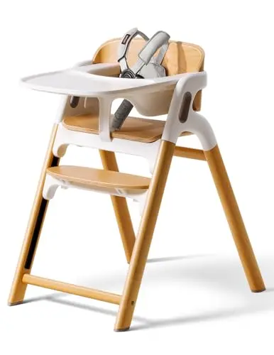 Momcozy DinerPal natural wooden high chair with large tray